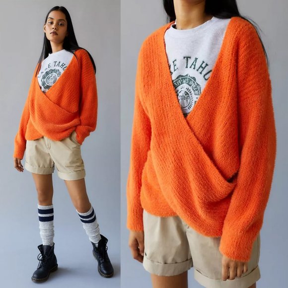 NEW Urban Outfitters Orange Kane Wrap Soft Fuzzy Knit Cozy Sweater $69 M or L - Picture 5 of 9